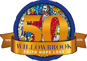 50th anniversary logo for Willowbrook celebrating faith, hope, and love.