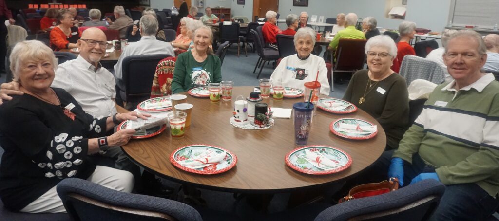 Elderly women enjoying a festive holiday gathering with Christmas-themed plates.