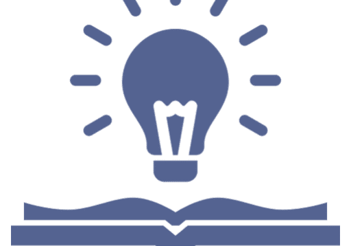 Blue icon of a light bulb over an open book symbolizing ideas and learning.